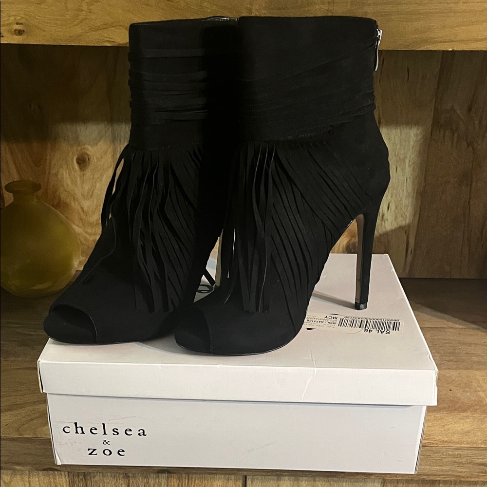 Chelsea & Zoe suede fringe peep toe ankle boots